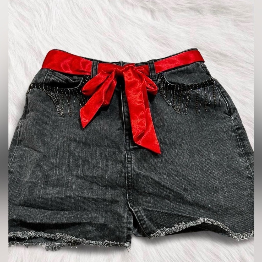 Francesca's Collections Black Denim Mini with Red Satin Tie Belt